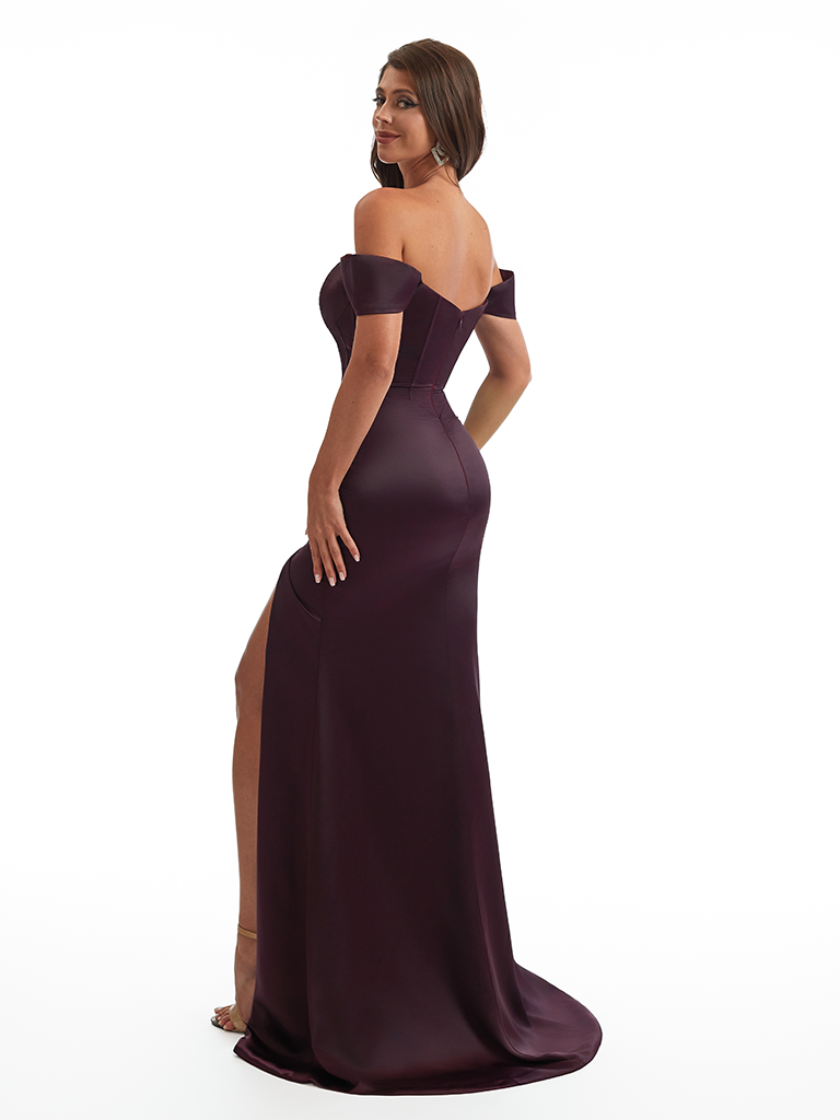 Sexy Off The Shoulder Boning Mermaid Satin Ruched Long Bridesmaid Dresses Side Slit