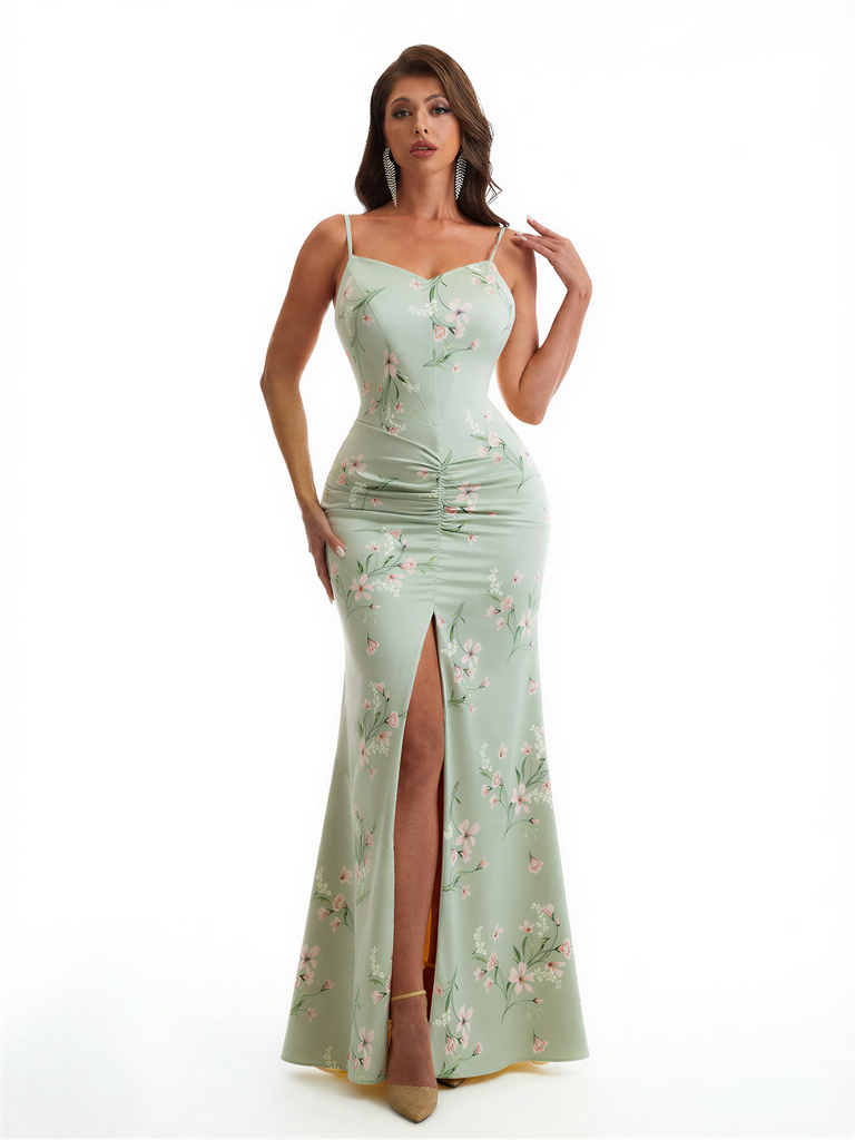 Simple Spaghetti Straps Slit Mermaid Floral Satin Maxi Floral Formal Dresses For Women