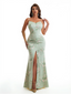 Simple Spaghetti Straps Slit Mermaid Floral Satin Maxi Floral Formal Dresses For Women