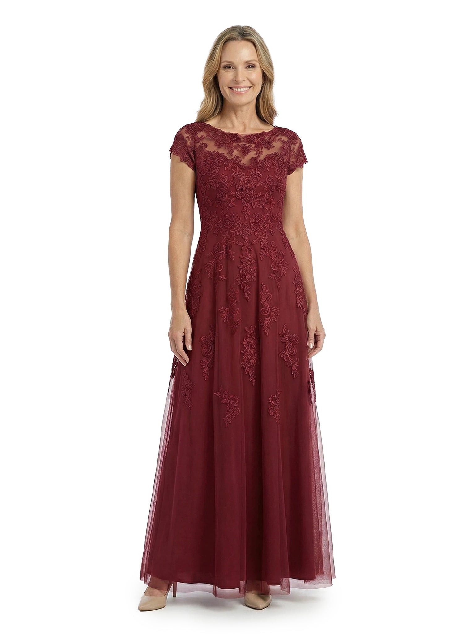 ChicSew Elegant Illusion Cap Sleeves A-Line Mother Of The Bride Gown Lace Tulle Overlay