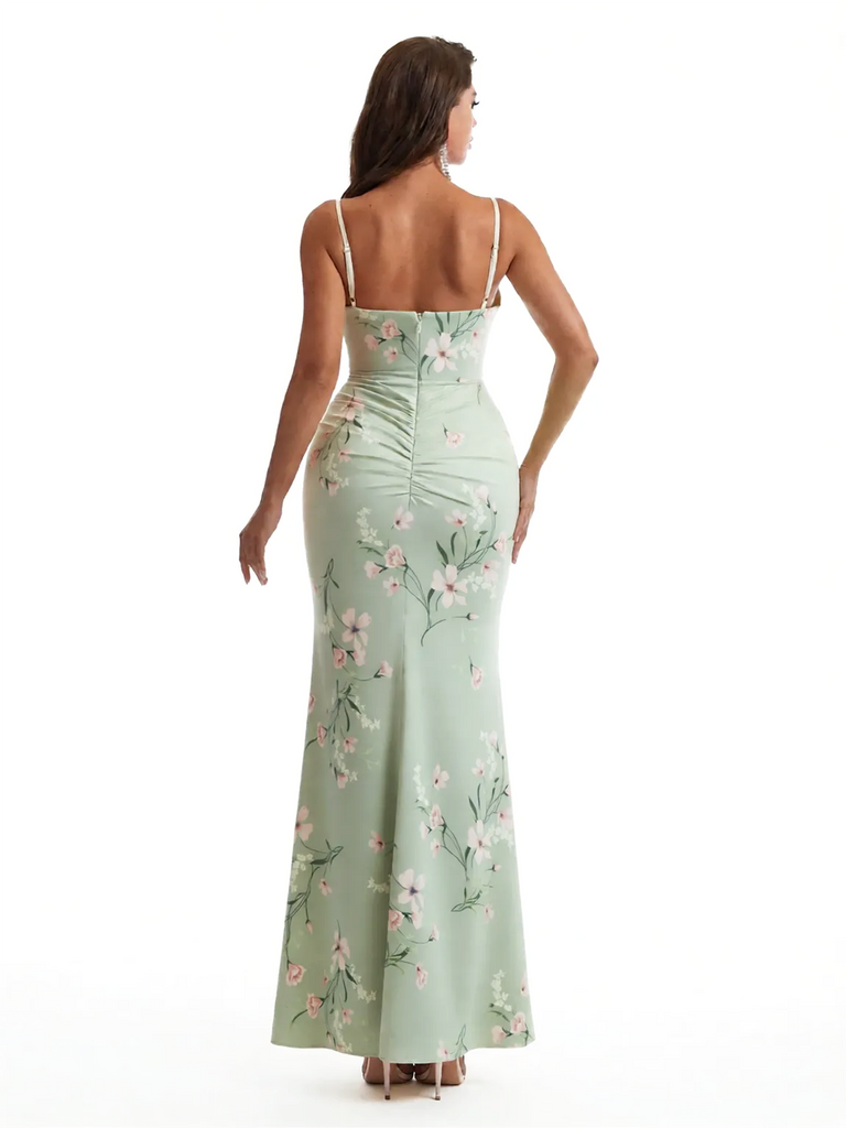 Simple Spaghetti Straps Slit Mermaid Floral Satin Maxi Floral Formal Dresses For Women