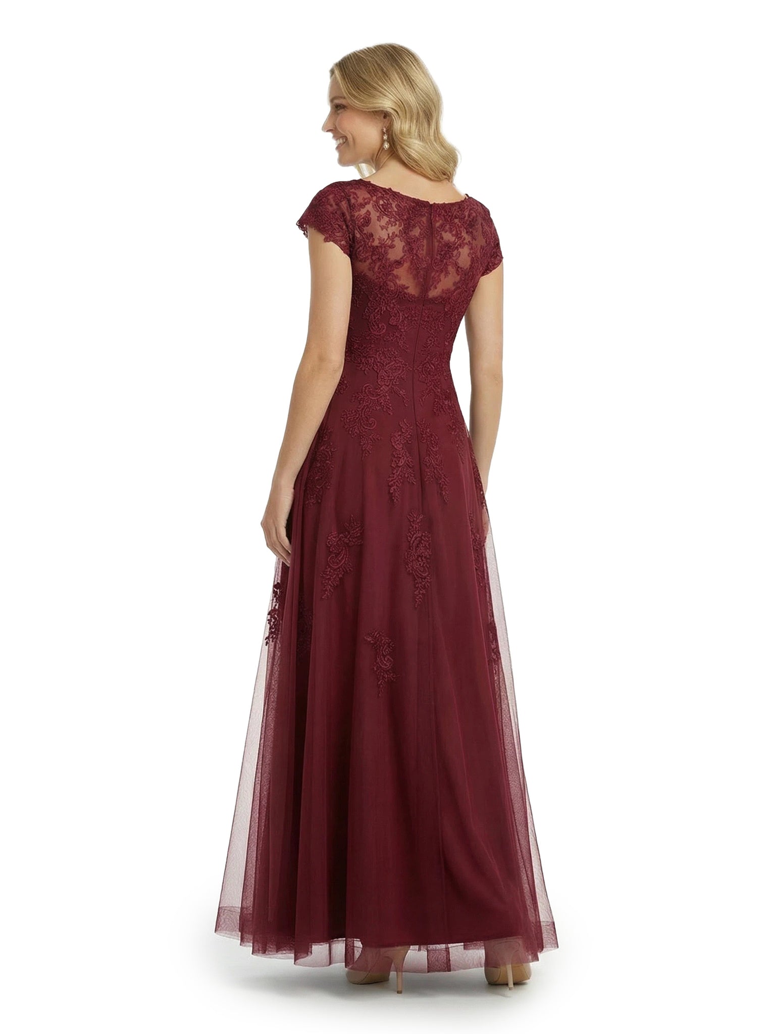 ChicSew Elegant Illusion Cap Sleeves A-Line Mother Of The Bride Gown Lace Tulle Overlay