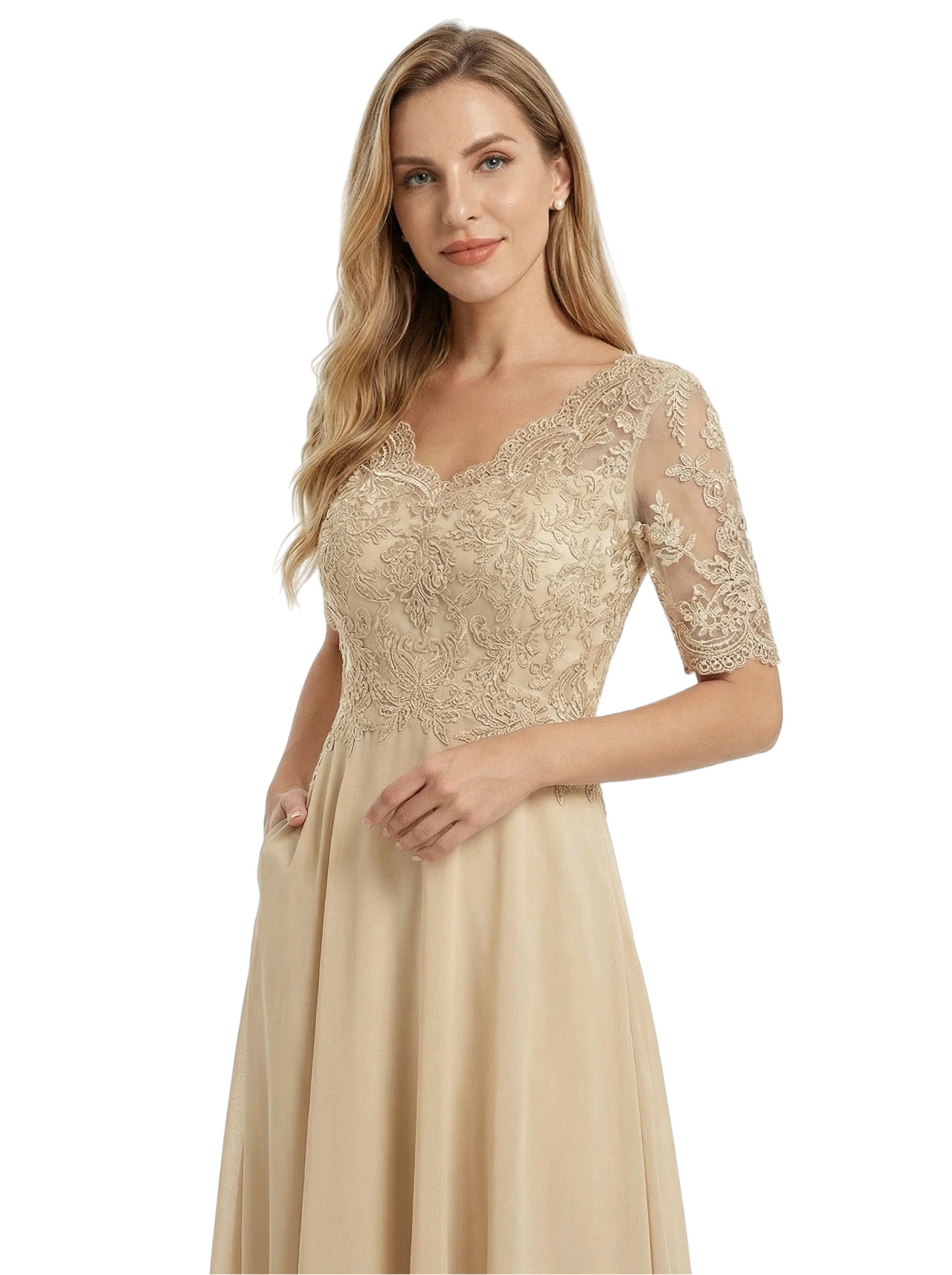 Chicsew Beautiful Lace Overlay Mother of The Bride Dress Half Sleeves Midi Chiffon Classy Occasion Gown