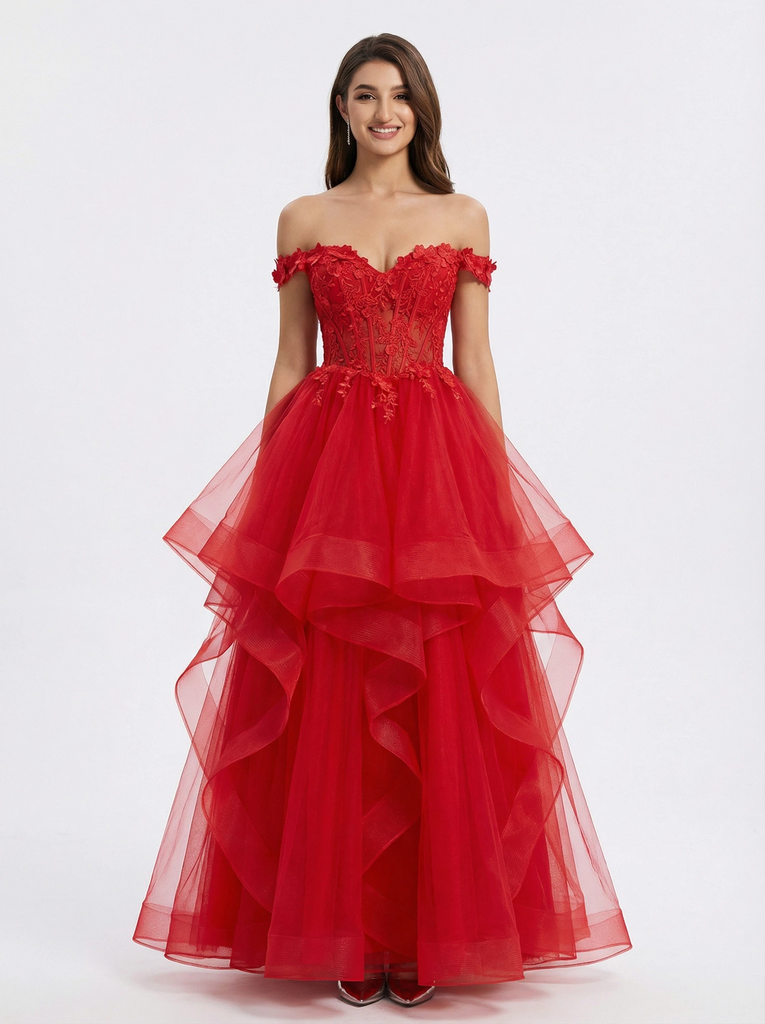 Gorgeous Off the Shoulder A-line Tulle Prom Ball Gown