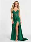 Elegant Lace Applique V-neck Pleated Corset Prom Dress with Slit