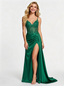 Elegant Lace Applique V-neck Pleated Corset Prom Dress with Slit