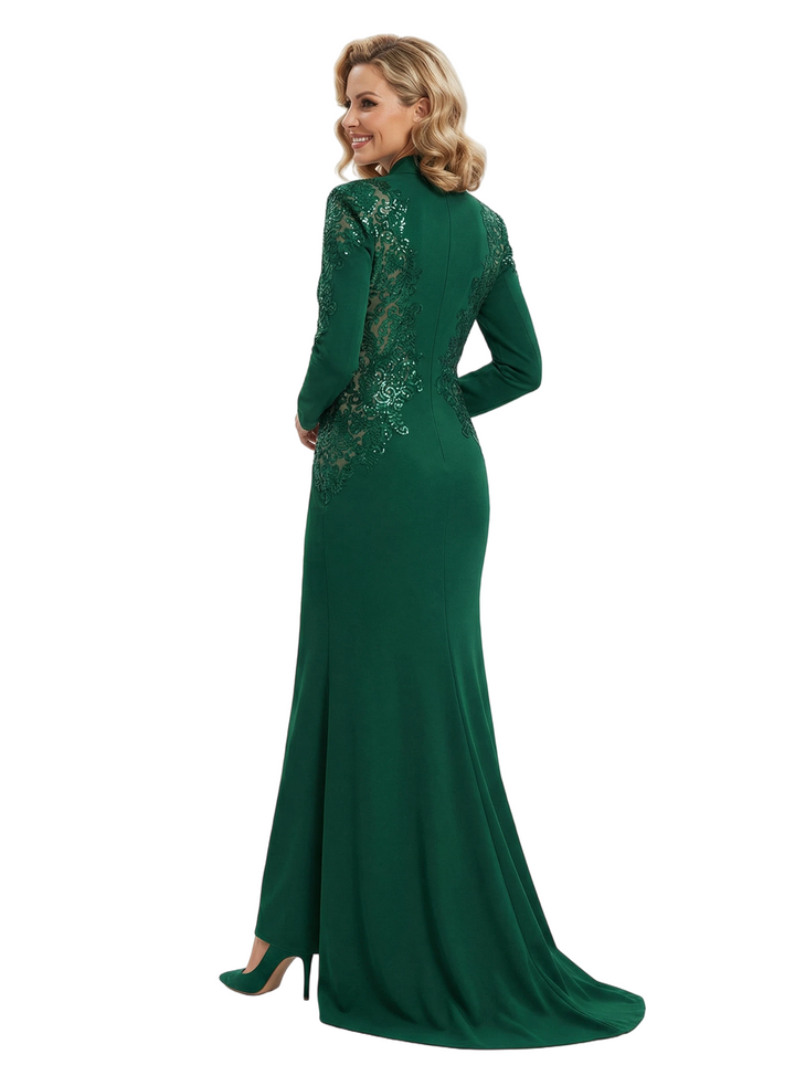 Chicsew Fancy Long Sleeve Satin Mother of The Groom Dress Sequin Lace Accents Fitted Mermaid Elegant Formal Gown