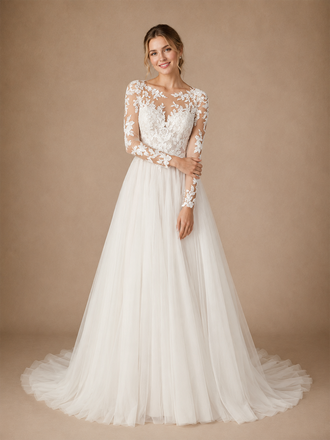 ChicSew Romantic Illusion Long Sleeves A-Line Lace Tulle Maxi Wedding Dresses