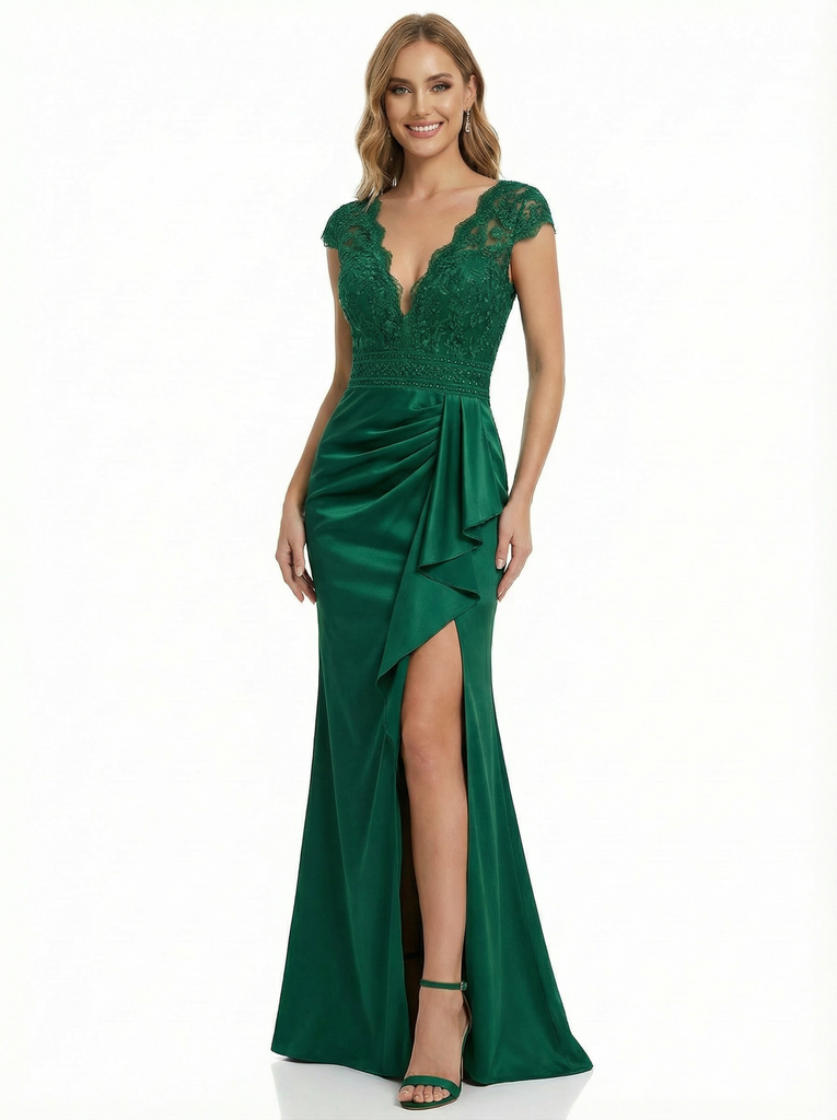 Sexy Lace Applique V-neck Satin Mermaid Prom Dress with Slit