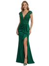 ChicSew Sexy Lace Cap Sleeve V-Neck Satin Mermaid Prom Dress with Slit