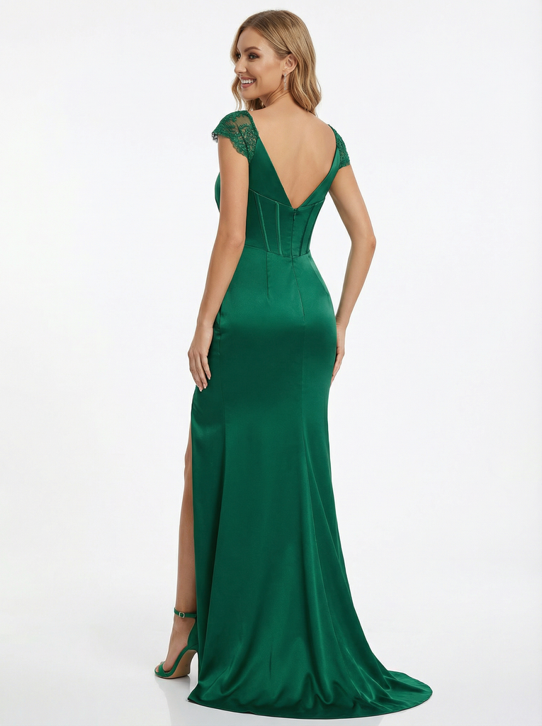 Sexy Lace Applique V-neck Satin Mermaid Prom Dress with Slit
