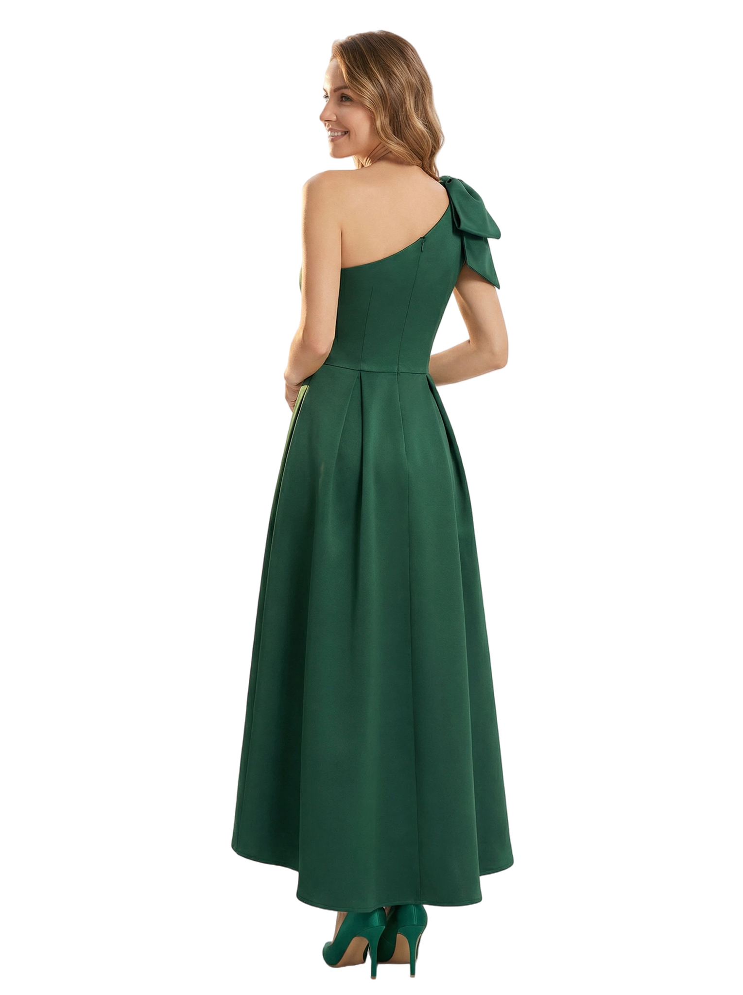 Chicsew Chic One Shoulder Satin Mother of The Bride Dress Bow High-Low A-Line Wedding Guest Gown