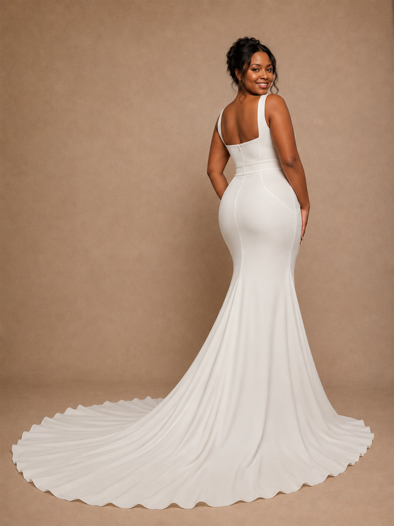ChicSew Elegant Mermaid Crepe Square Neck Sleeveless Maxi Long Wedding Dress