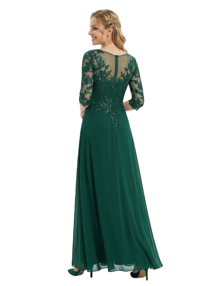 Chicsew Gorgeous Lace Embellished Mother of The Groom Dress 3/4 Sleeves Flowy Chiffon Long Classy Formal Gown