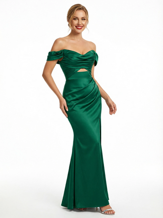 Unique Off the Shoulder Pleated Mermaid Prom Dress with Cut Out