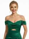 Unique Off the Shoulder Pleated Mermaid Prom Dress with Cut Out