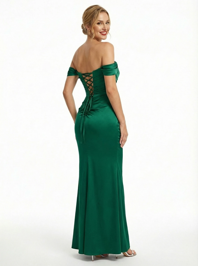 Unique Off the Shoulder Pleated Mermaid Prom Dress with Cut Out