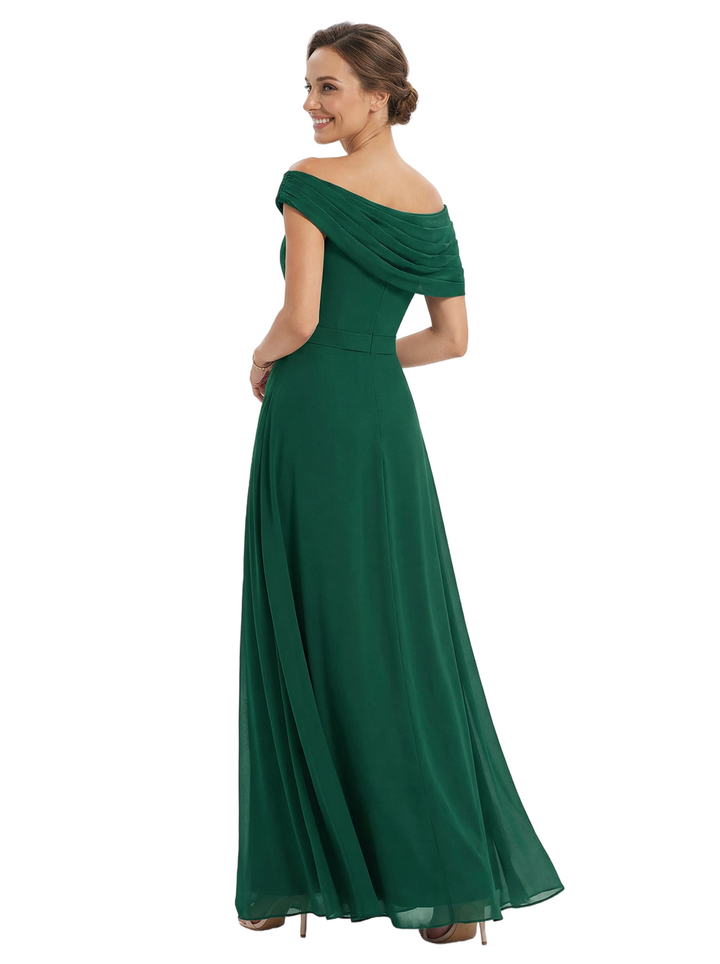 Chicsew Stylish Off Shoulder Chiffon Mother of The Bride Dress Flowy Long Elegant Formal Gown
