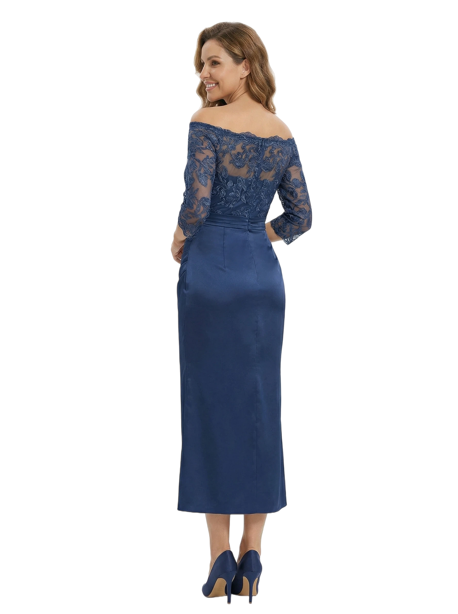 Chicsew Elegant Off Shoulder Lace Mother of The Groom Dress 3/4 Sleeves Satin Midi Classy Formal Occasion Gown