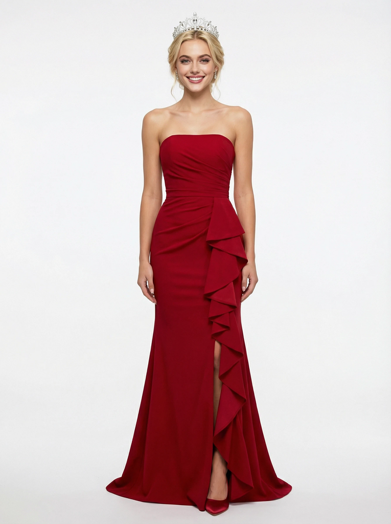 Elegant Jersey Strapless Ruffles Mermaid Prom Dress with Slit