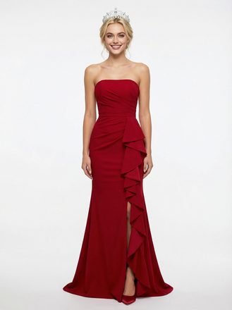Elegant Jersey Strapless Ruffles Mermaid Prom Dress with Slit