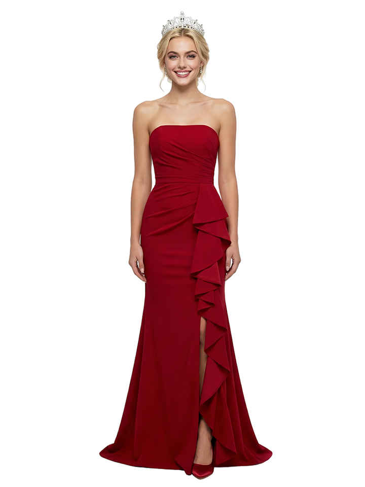 ChicSew Sexy Strapless Sleeveless Mermaid Crepe Ruffles Side Slit Evening Prom Dresses