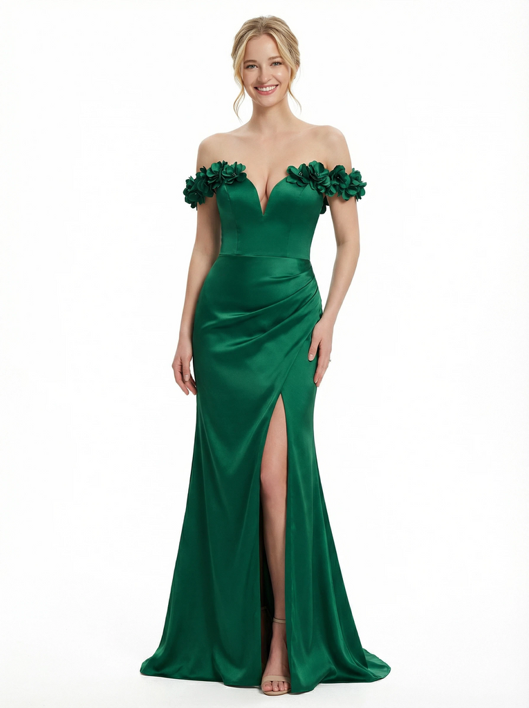 Elegant 3D Flower V-neck Satin Mermaid Prom Dress with Slit