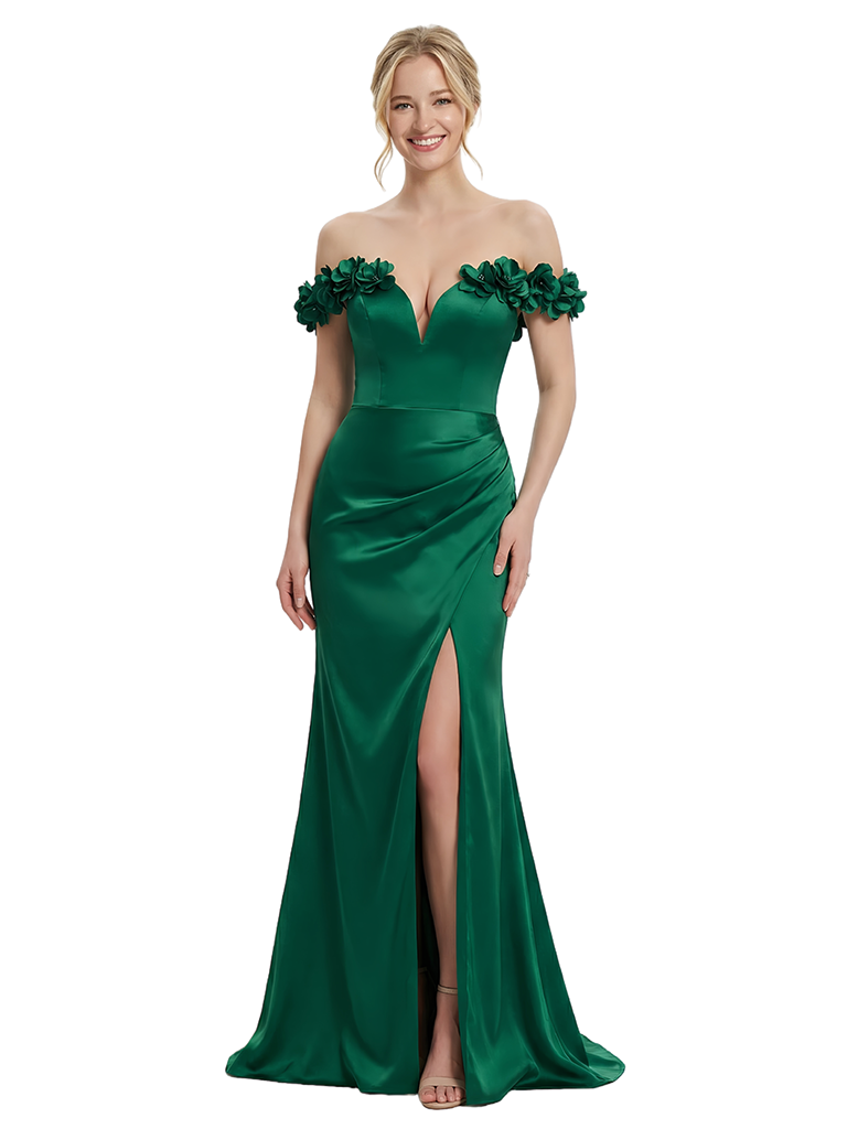 ChicSew Elegant Off Shoulder Ruched Satin Mermaid Formal Prom Dresses With Side Slit