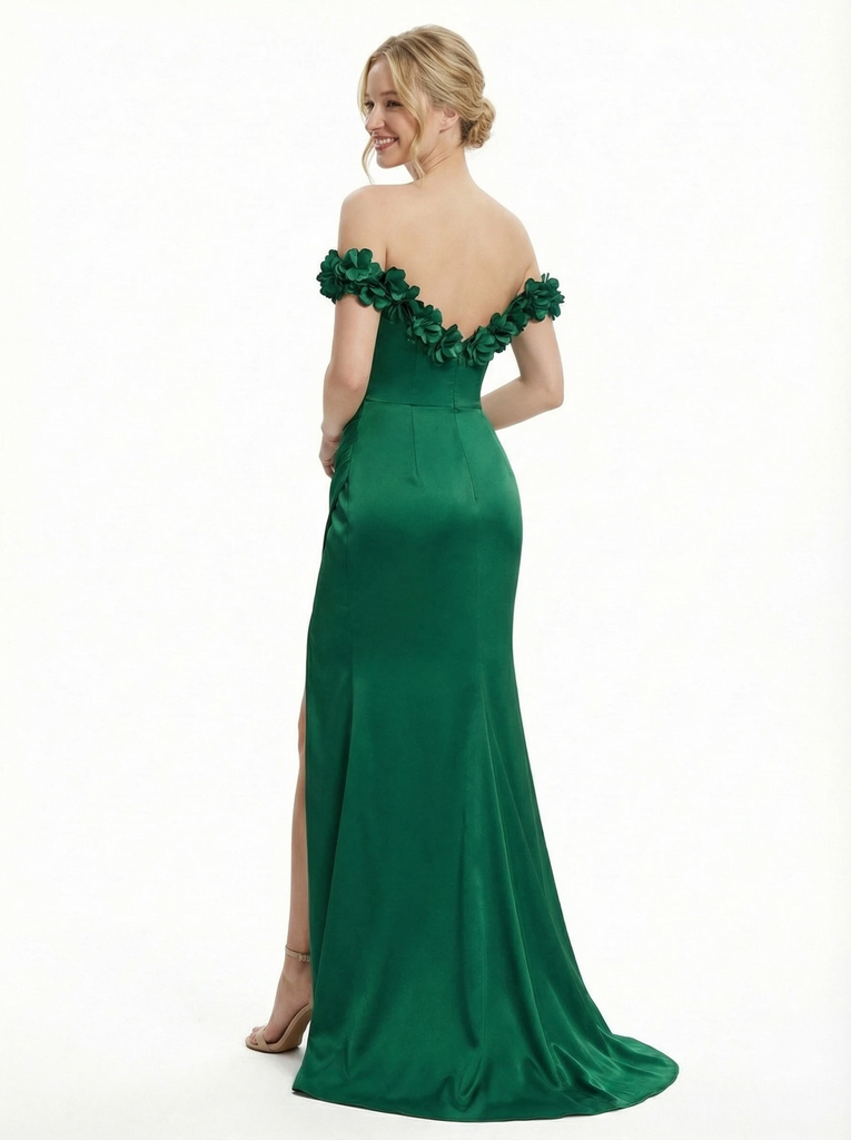 Elegant 3D Flower V-neck Satin Mermaid Prom Dress with Slit