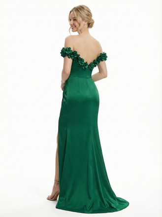 Elegant 3D Flower V-neck Satin Mermaid Prom Dress with Slit