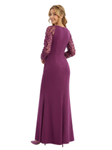 Chicsew Elegant Mother of The Groom Dress V-Neck Lace Long Sleeves Jersey Timeless Wedding Event Gown