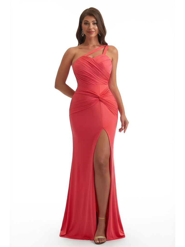 Elegant Mermaid One Shoulder Side Slit Ruched Jersey Long Formal Dresses