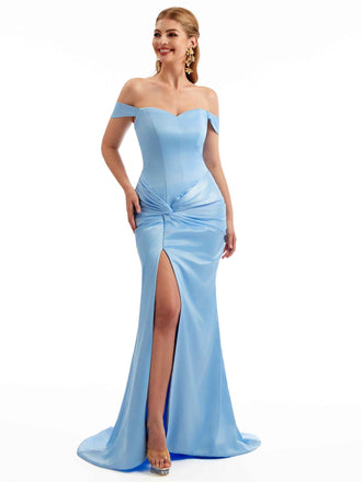 Women Side Slit Off The Shoulder Long Satin Unique Formal Bridesmaid Dresses Online