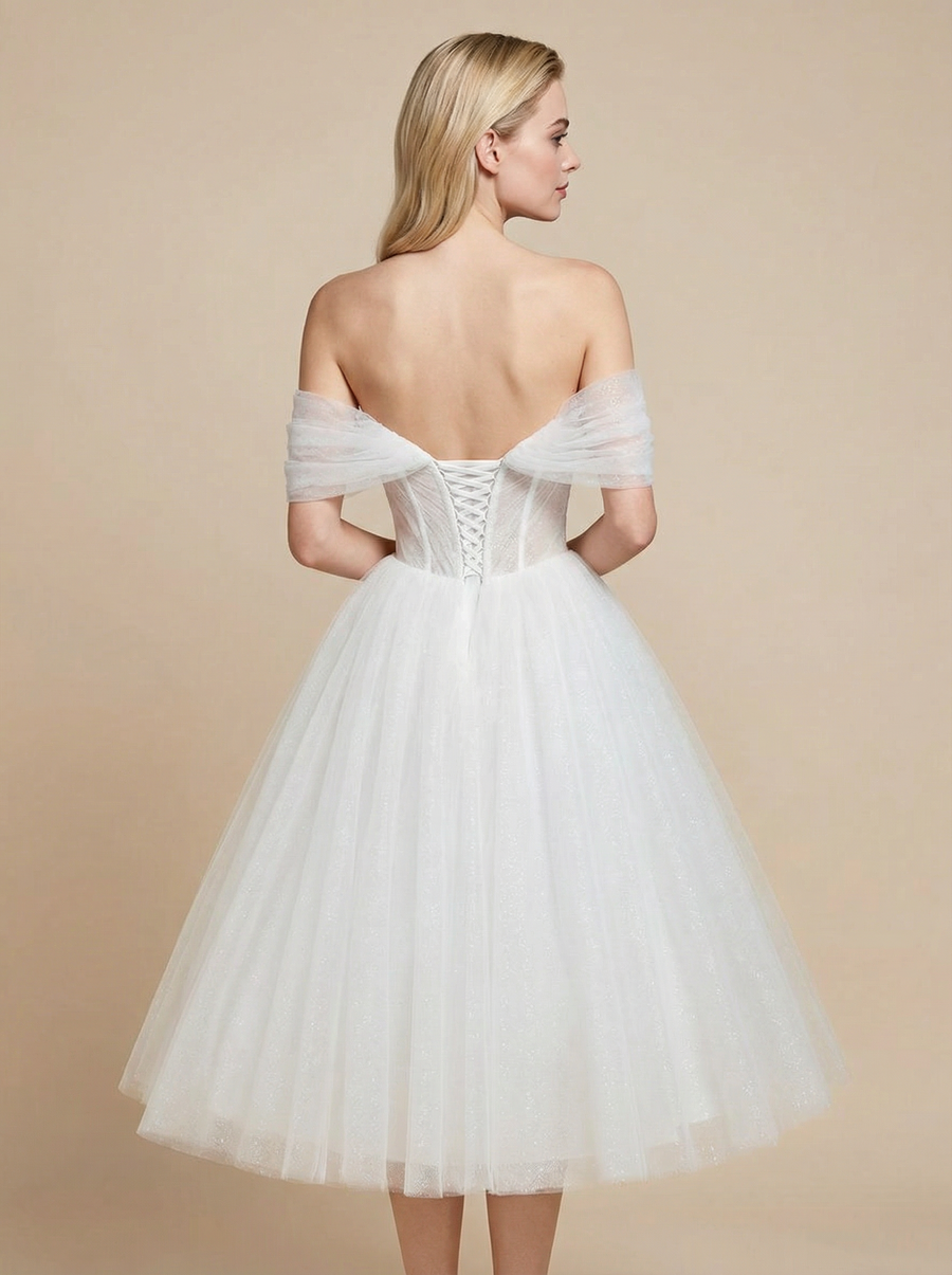 A-line Off The Shoulder Boning Midi Sequin Short Wedding Dresses Online