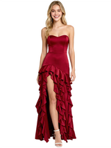 Sexy Strapless Sweetheart Ruffle Satin Maxi Prom Dress With Side Slit