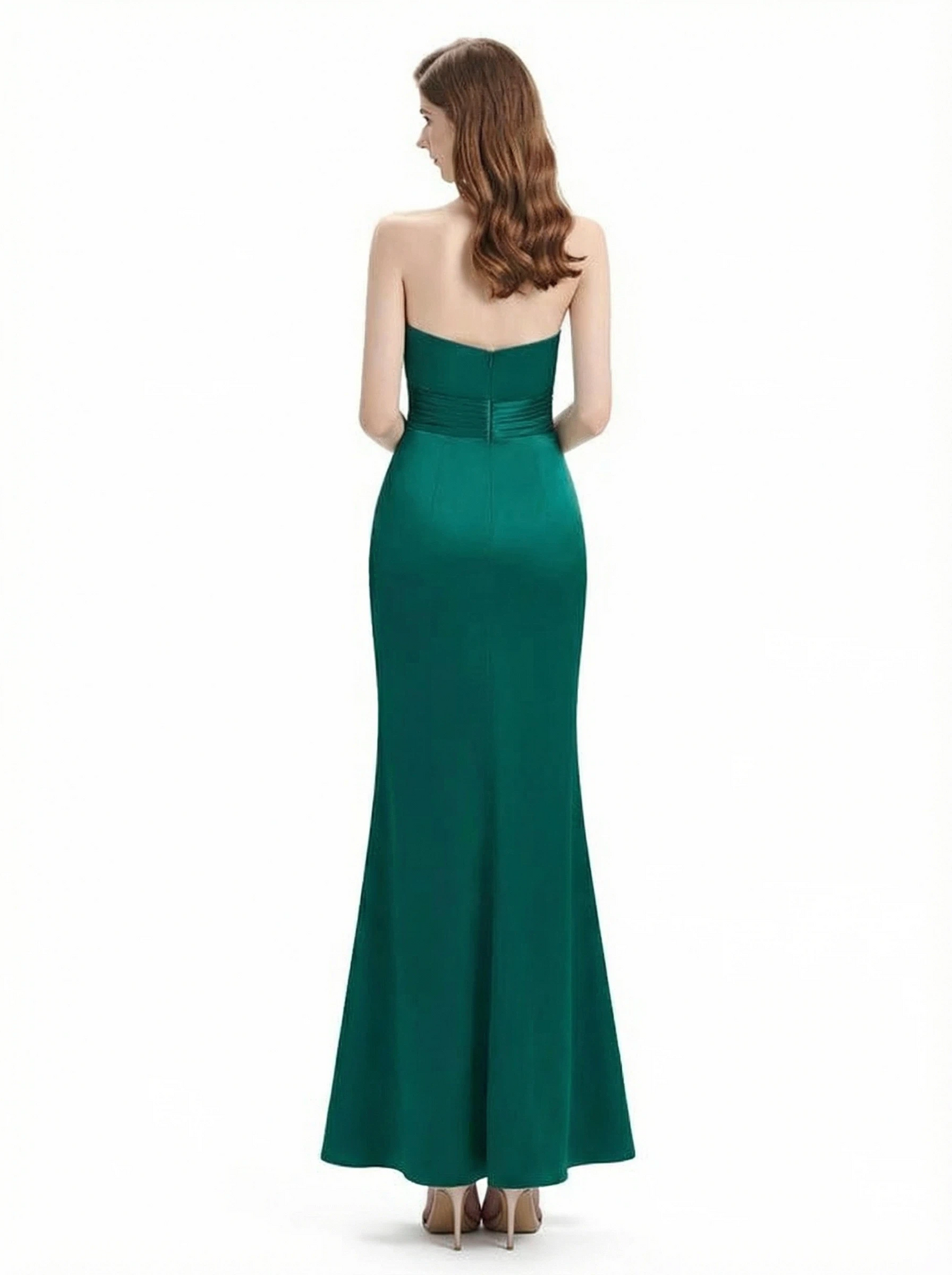 Ladies Unique Mermaid Ruched Satin Long Formal Evening Dresses Strapless Side Slit