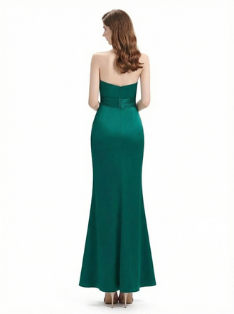 Ladies Unique Mermaid Ruched Satin Long Formal Evening Dresses Strapless Side Slit