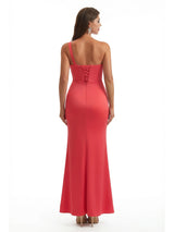 Elegant Mermaid One Shoulder Side Slit Ruched Jersey Long Formal Dresses