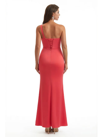 Elegant Mermaid One Shoulder Side Slit Ruched Jersey Long Formal Dresses