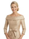 Modern Boat Neck Long Sleeve Midi Mother of the Bride Dress Wth Bow Waist