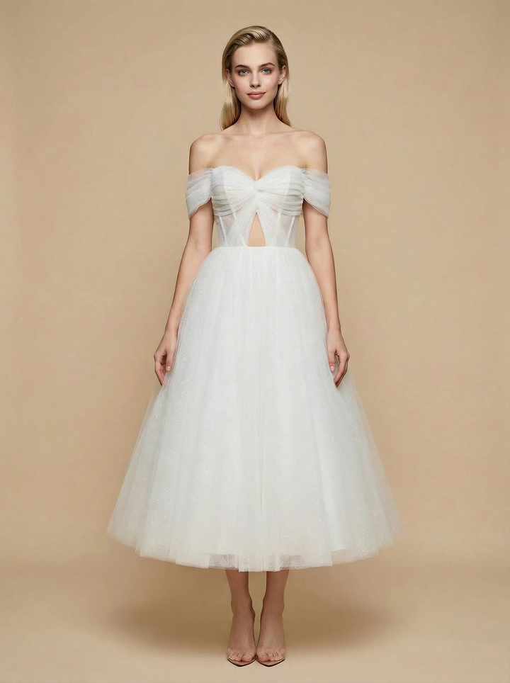 A-line Off The Shoulder Boning Midi Sequin Short Wedding Dresses Online