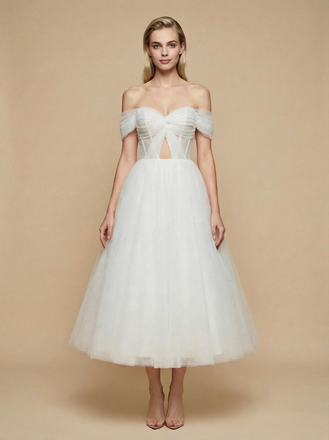A-line Off Shoulder Boning Midi Sequin Wedding Dresses Online
