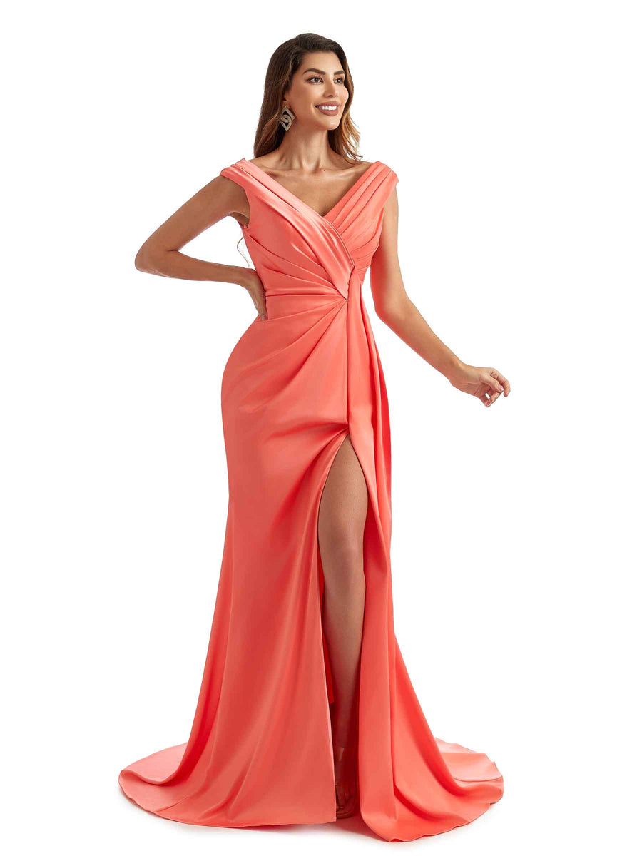 Sexy Side Split Long Satin V-neck Unique Formal Maid of Honour Dresses Online