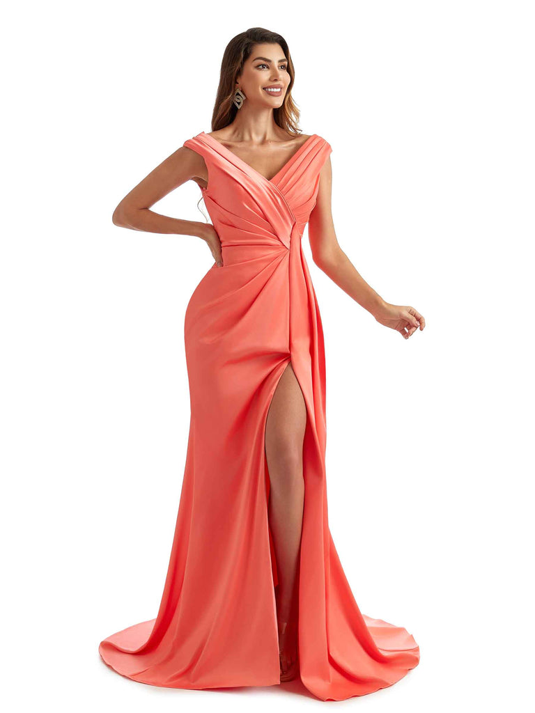 Sexy Side Split Long Satin V-neck Unique Formal Bridesmaid Dresses Online