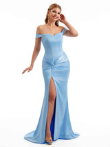 Champagne Off The Shoulder Stretchy Satin Bridesmaid Dresses