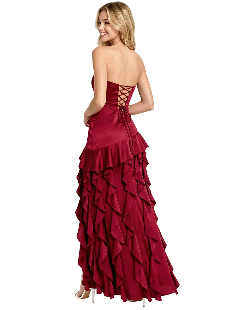 Sexy Strapless Sweetheart Ruffle Satin Maxi Prom Dress With Side Slit