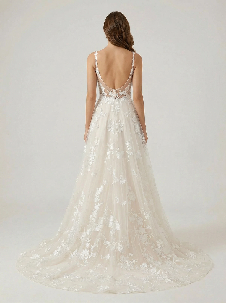 A-Line V-neck Spaghetti Straps Maxi Long Lace Wedding Dresses Online