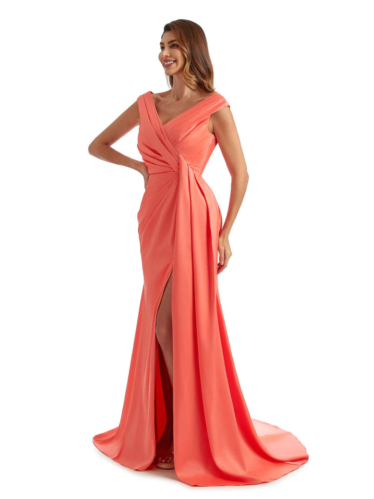 Sexy Side Split Long Satin V-neck Unique Formal Bridesmaid Dresses Online