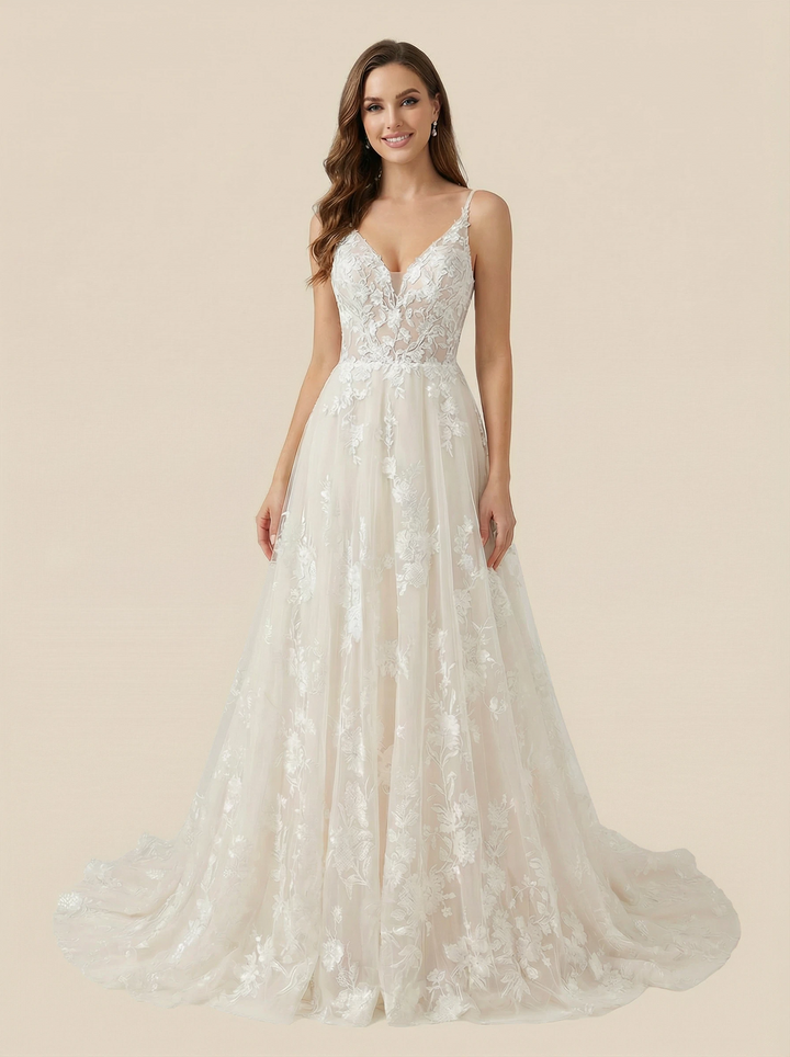 A-Line V-neck Spaghetti Straps Maxi Long Lace Wedding Dresses Online