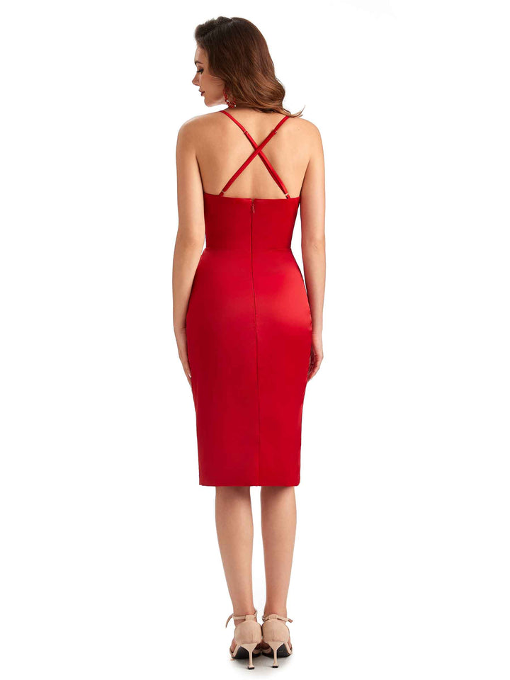 Elegant Spaghetti Straps Mermaid Soft Satin Knee Length Short Bridesmaid Dresses